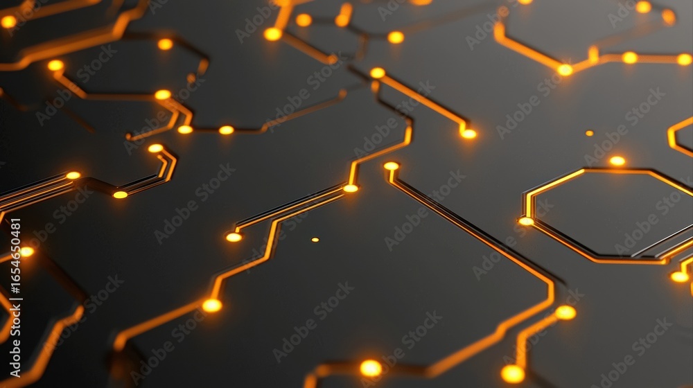 Poster abstract circuit board design with glowing orange lines on dark background for technology themes