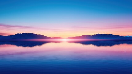 Fototapeta premium Serene Sunset Over Calm Waters with Silhouetted Mountains and Vibrant Sky Reflections