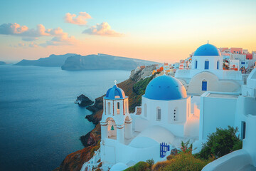 Fototapeta premium Church overlooking Aegean Sea in Oia, Santorini.