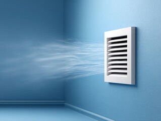 White air vent blowing cool air into a blue room, visible stream of fresh air flowing into the room.