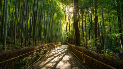 Obraz premium Bamboo forest path scenic nature landscape photography travel destination green trees sunlight japan zen garden
