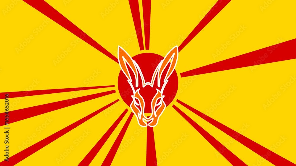 Poster hare's head symbol on the background of animation from moving rays of the sun. large orange symbol i