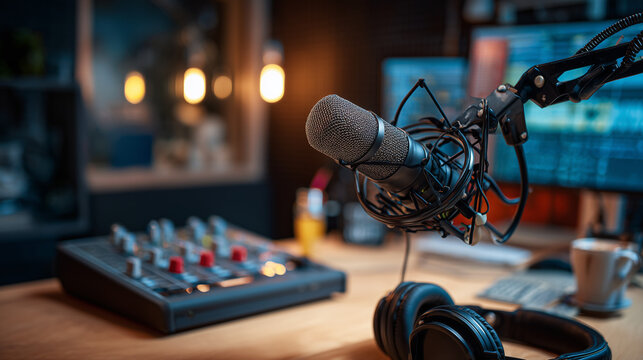 Microphone in a professional recording studio with control desk