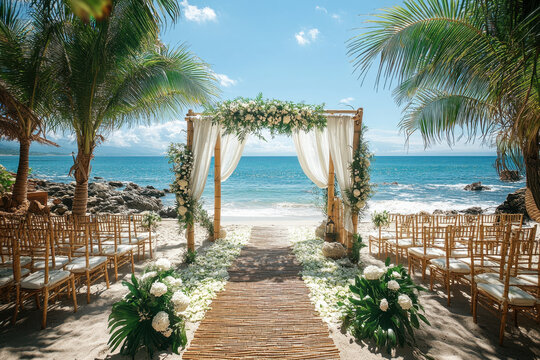Bride and groom exchanging vows on beach at sunset.