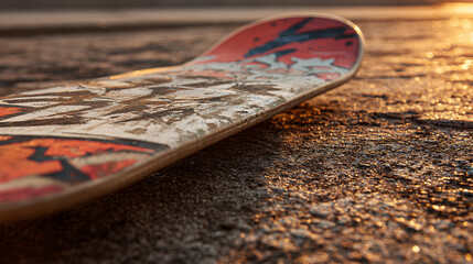 Close Up of Worn Skateboard Deck on Asphalt at Sunset