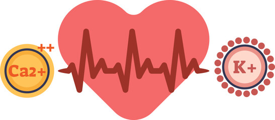 An illustration of a heart with an EKG line, flanked by Calcium (Ca2+) and Potassium (K+) ions. Represents electrolyte imbalance as a cause of cardiac arrhythmia and irregular heartbeat.