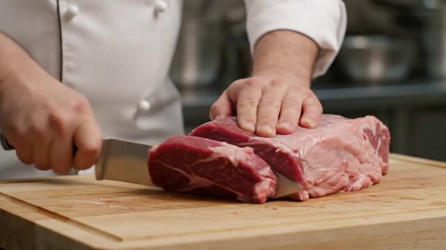 A chef cuts a large piece of red meat on a wooden cutting board with a large knife