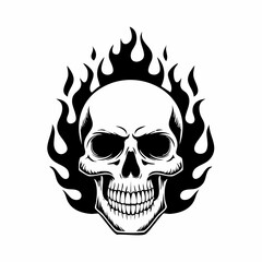 Flaming Skull Images Vector. Black white Skull Fire Flames Vector Image on white background.