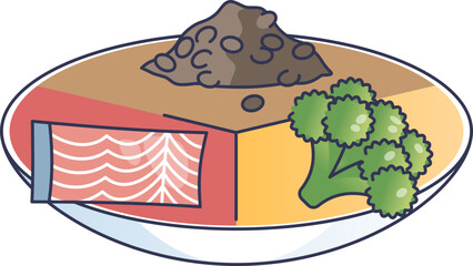 An illustration of the diabetic plate method for portion control. A balanced meal with salmon (protein), broccoli (vegetables), and grains (carbs) to help manage blood sugar levels.
