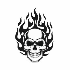 Flaming Skull Images Vector. Black white Skull Fire Flames Vector Image on white background.