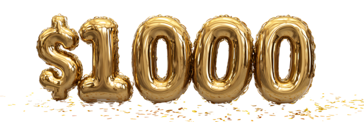 3D rendering of the word 1000 in a gold foil balloon-style font