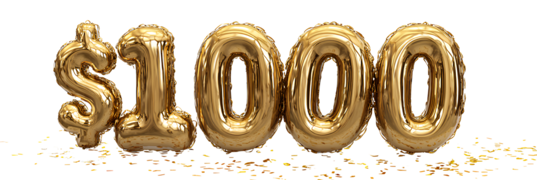 3D rendering of the word 1000 in a gold foil balloon-style font