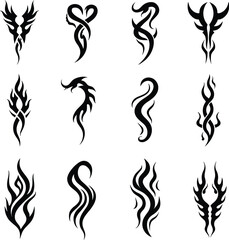 Twelve tribal tattoo silhouettes design elements