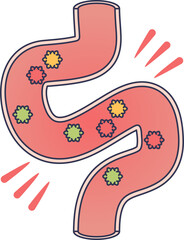 Stylized intestine with allergens causing inflammation. This icon represents a gastrointestinal allergy, showing gut irritation, food intolerance, and digestive distress.
