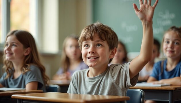 Smiling boy raising hand in classroom