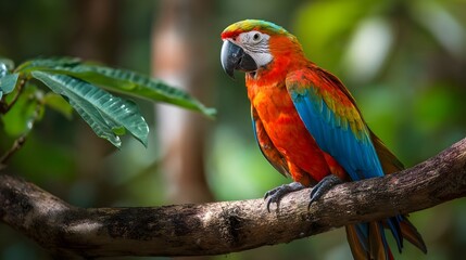 Fototapeta premium Colorful parrot on a tree branch in a tropical forest, vibrant and sunlit. Concept : Wildlife photography, tropical nature, exotic birds, vibrant colors, natural habitat, tropical ecosystem.