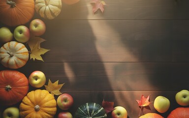 Autumn harvest display of pumpkins apples and maple leaves on rustic wood background creating a cozy fall aesthetic and seasonal backdrop with space for text