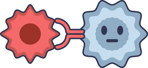 A cancer cell (red) deactivates a T-cell (blue) via immune checkpoint binding (e.g., PD-L1 to PD-1), illustrating the mechanism of tumor immune evasion in oncology.
