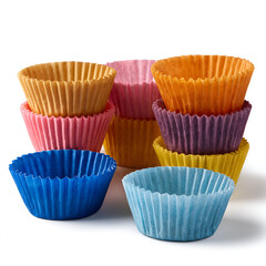 Colorful paper baking cups stacked and arranged on white background