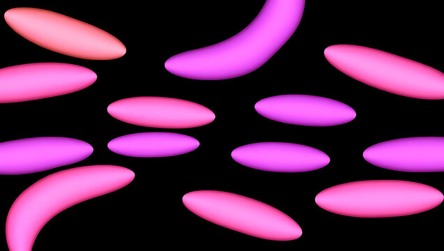 Vibrant pink and purple abstract shapes float dynamically against a dark canvas