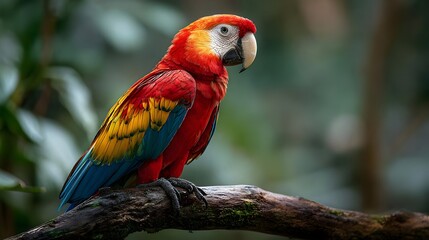 Colorful parrot on a tree branch in a tropical forest, vibrant and sunlit. Concept : Wildlife photography, tropical nature, exotic birds, vibrant colors, natural habitat, tropical ecosystem.