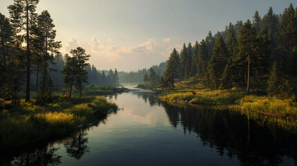 Fototapeta premium Explore the serene river landscape with lush green trees a tranquil nature photography scene for relaxation