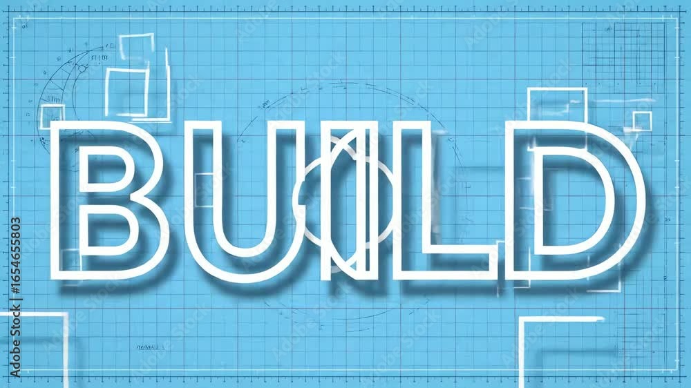 Poster animated word build on blueprint background, subtly shifting and reforming, symbolizing creation, pr