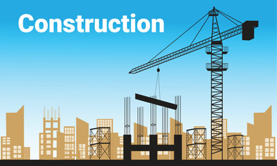 Construction site with a tower crane. Construction of residential buildings. Panoramic view of the construction of skyscrapers. Landscape with a modern city