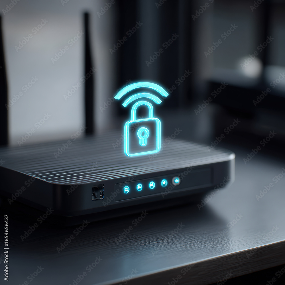 Poster secure your internet connection with this modern router featuring lock symbol, representing strong c