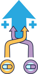 An icon of two pills with intertwining arrows merging into a larger arrow with plus signs, symbolizing a synergistic drug interaction and an enhanced therapeutic effect from combination therapy.