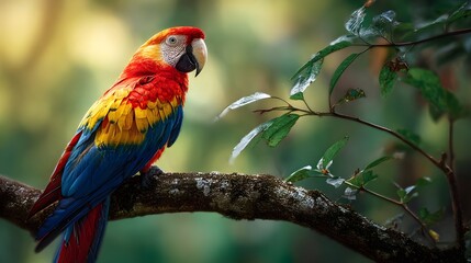 Colorful parrot on a tree branch in a tropical forest, vibrant and sunlit. Concept : Wildlife photography, tropical nature, exotic birds, vibrant colors, natural habitat, tropical ecosystem.
