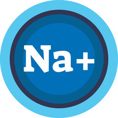 A blue circular icon with the chemical symbol for a sodium ion, Na+. Represents the positively charged element, essential for electrolytes, chemistry, and battery technology.