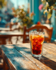 Glass of cola with ice cubes on a wooden table in a cafe