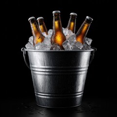 Metal bucket filled with ice and beer bottles