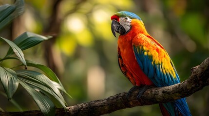 Obraz premium Colorful parrot on a tree branch in a tropical forest, vibrant and sunlit. Concept : Wildlife photography, tropical nature, exotic birds, vibrant colors, natural habitat, tropical ecosystem.