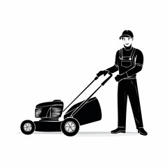 Lawn Mover worker vector. Black and white Lawn Mover worker vector isolated on white background.