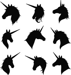 Nine unicorn silhouettes elegant horse head profiles