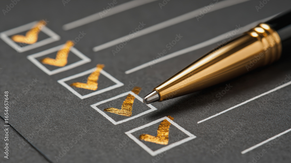 Poster close up of checklist with checkmarks and pen resting on dark surface, symbolizing organization and 