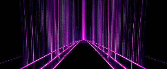 Vibrant purple neon lines create an abstract futuristic tunnel leading forward