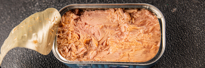 Tuna canned fish seafood tasty snack fresh delicious gourmet food background on the table rustic food top view copy space pescetarian diet