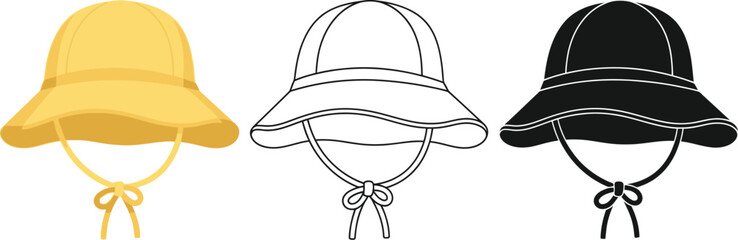 Three sun hats in different styles and colors on white background