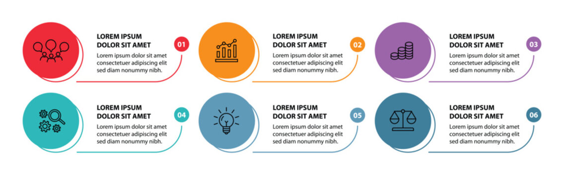 6 steps infographic template with 6 options. Flowchart that can be used for business report, data visualization and presentation. Timeline infographic elements vector illustration.