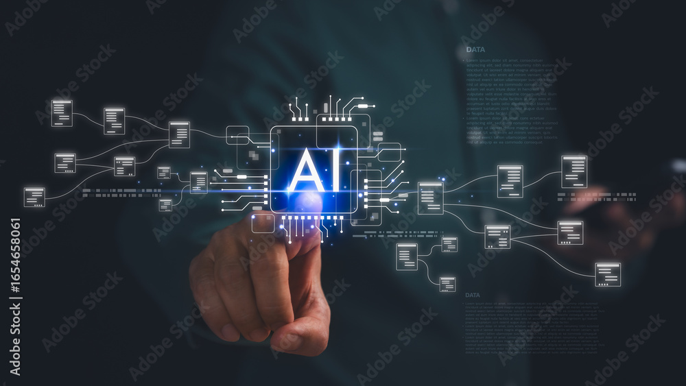 Poster businessman touching digital ai icon with data flow connections, symbolizing artificial intelligence