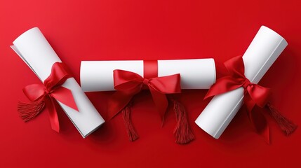 Elegant white diplomas with red ribbons on vibrant red background