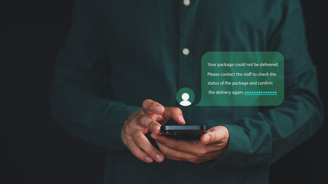 Adult man holding smartphone with phishing scam message alert about bank login, cybersecurity threats, identity theft, representing online fraud and internet safety awareness.