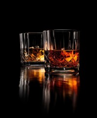Two crystal whiskey glasses, amber liquids, ice cubes, dark background