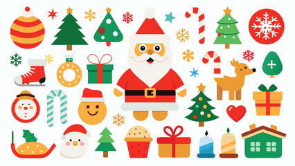 Naklejka premium Festive Christmas Icon Set Featuring Santa Claus Trees Ornaments and Holiday Elements