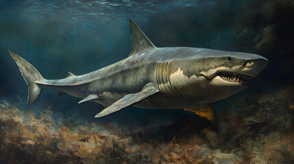 Fototapeta premium Powerful Great White Shark Underwater Ocean Wildlife