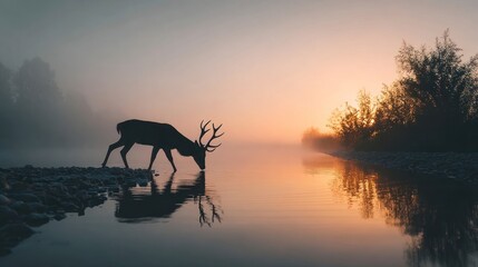 Deer drinks at sunrise river