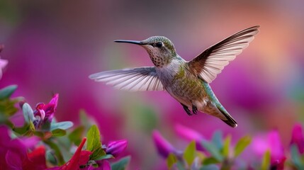 Fototapeta premium Hummingbird in flight among purple flowers
